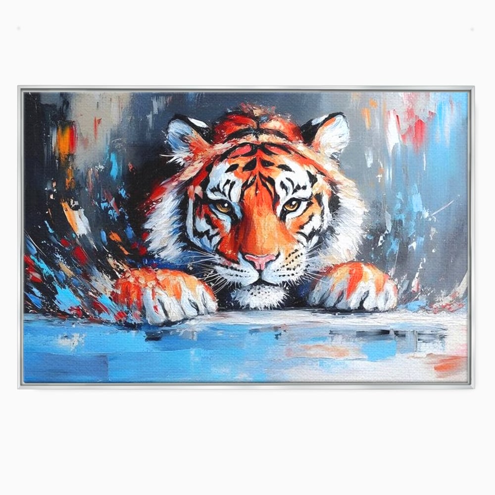Tablou canvas cu tablou canvas cu pictura de tigru, in rama de aluminiu argintiu