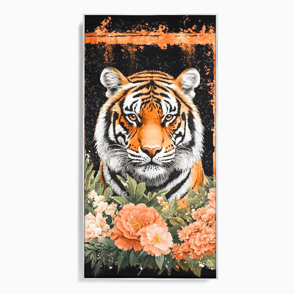 Tablou canvas cu tablou canvas cu tigru si flori, in rama de aluminiu argintiu