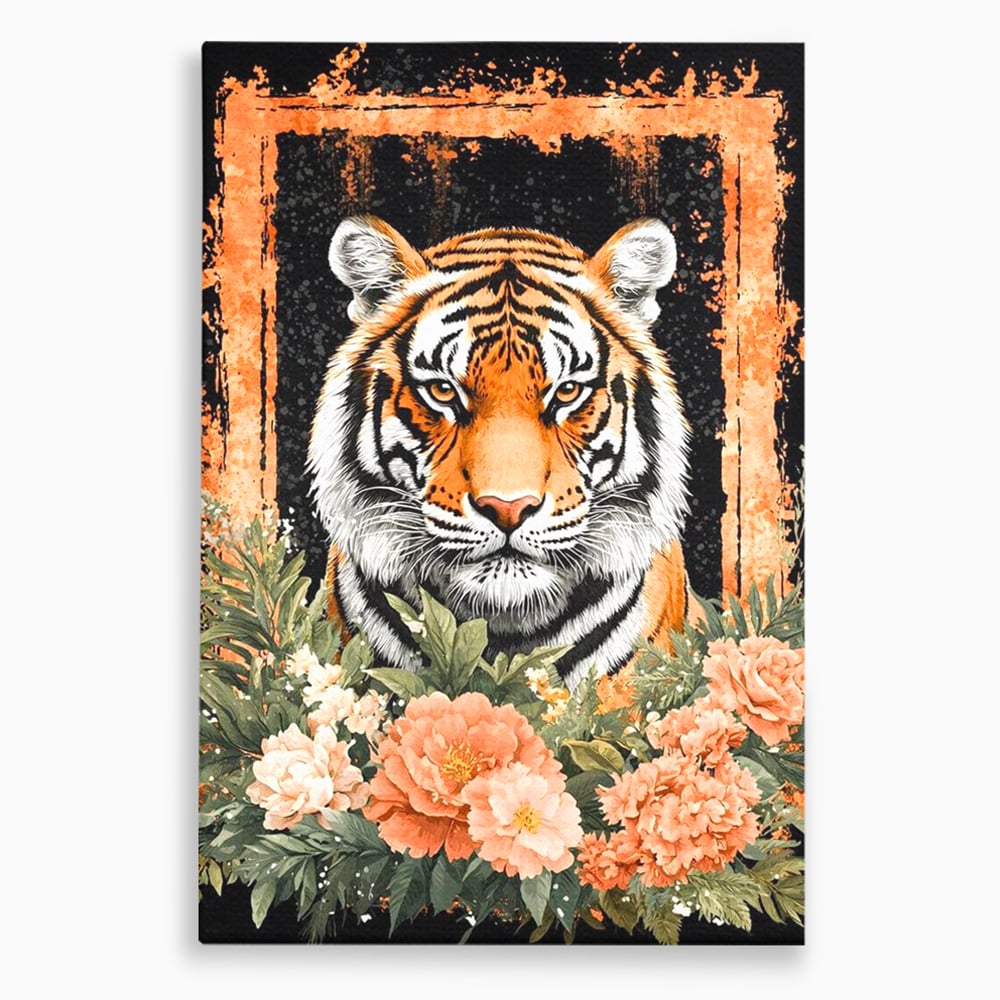 Tablou canvas cu tablou canvas cu tigru si flori, fara rama, pe sasiu de lemn