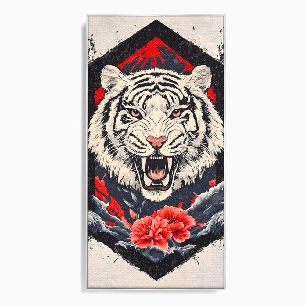 Tablou canvas cu tablou canvas cu tigru alb si flori rosii, in rama de aluminiu argintiu