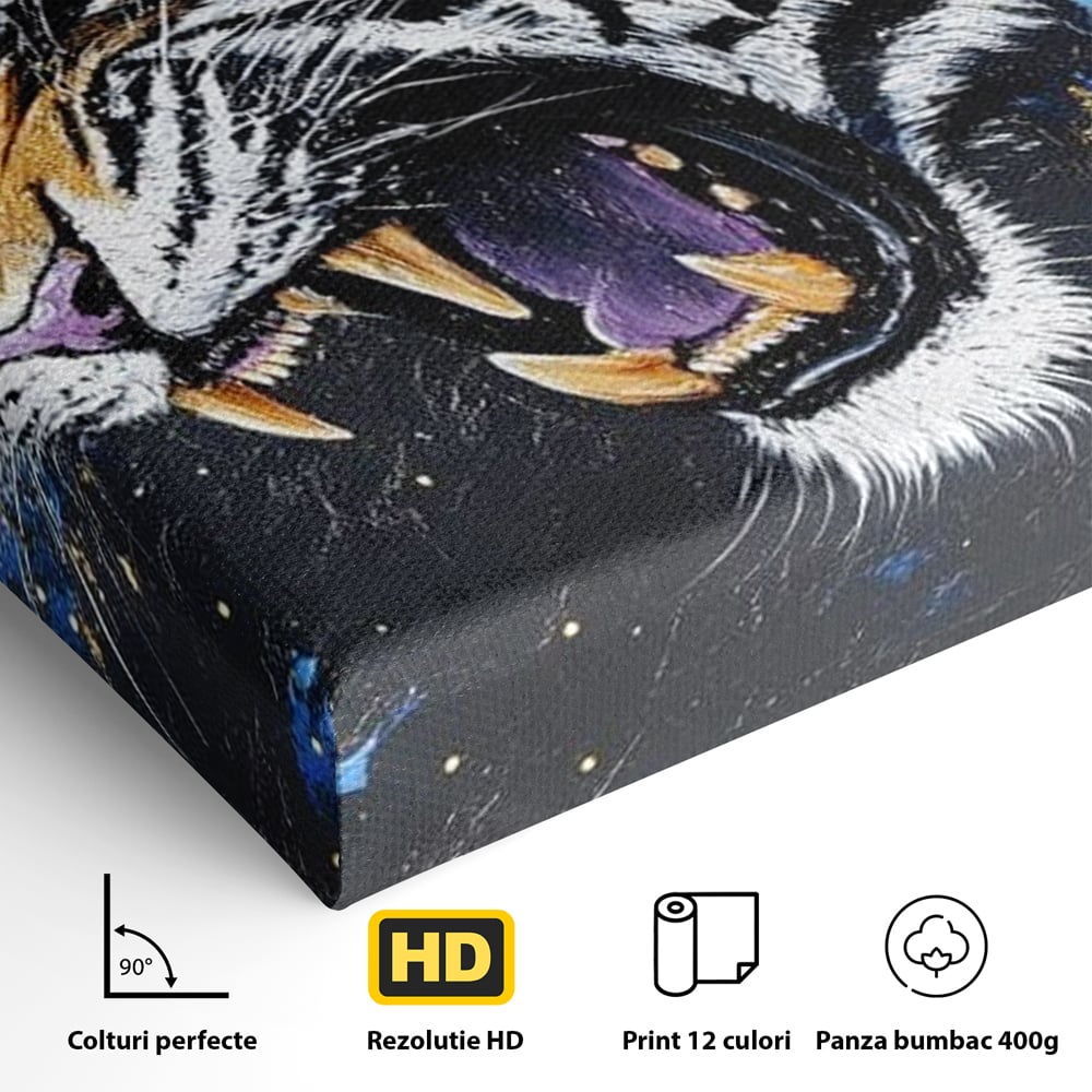 Tablou Canvas cu Tigru Care Racneste si Flori, Negru si Albastru Electric, M1450