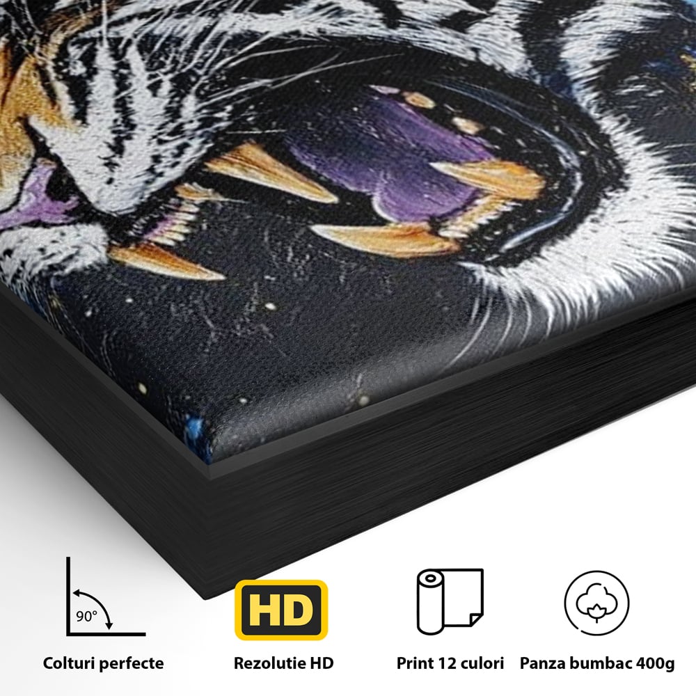 Tablou Canvas cu Tigru Care Racneste si Flori, Negru si Albastru Electric, M1450