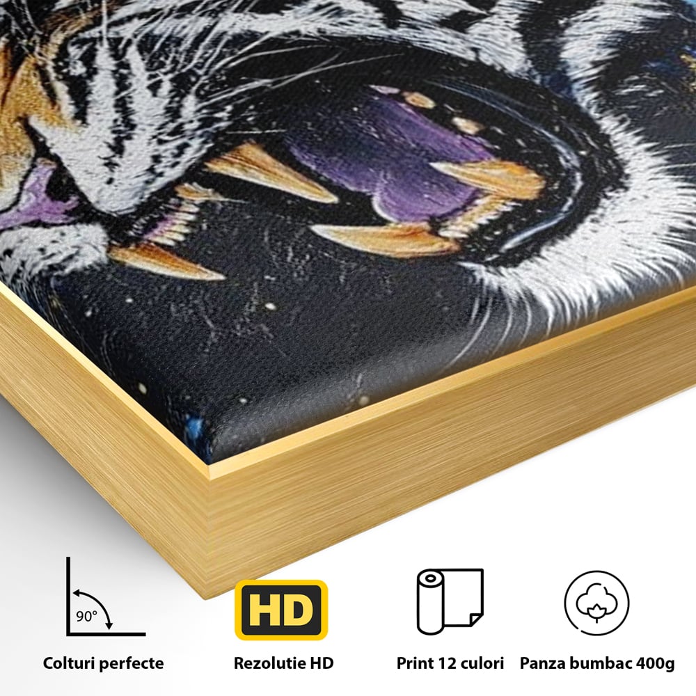 Tablou Canvas cu Tigru Care Racneste si Flori, Negru si Albastru Electric, M1450