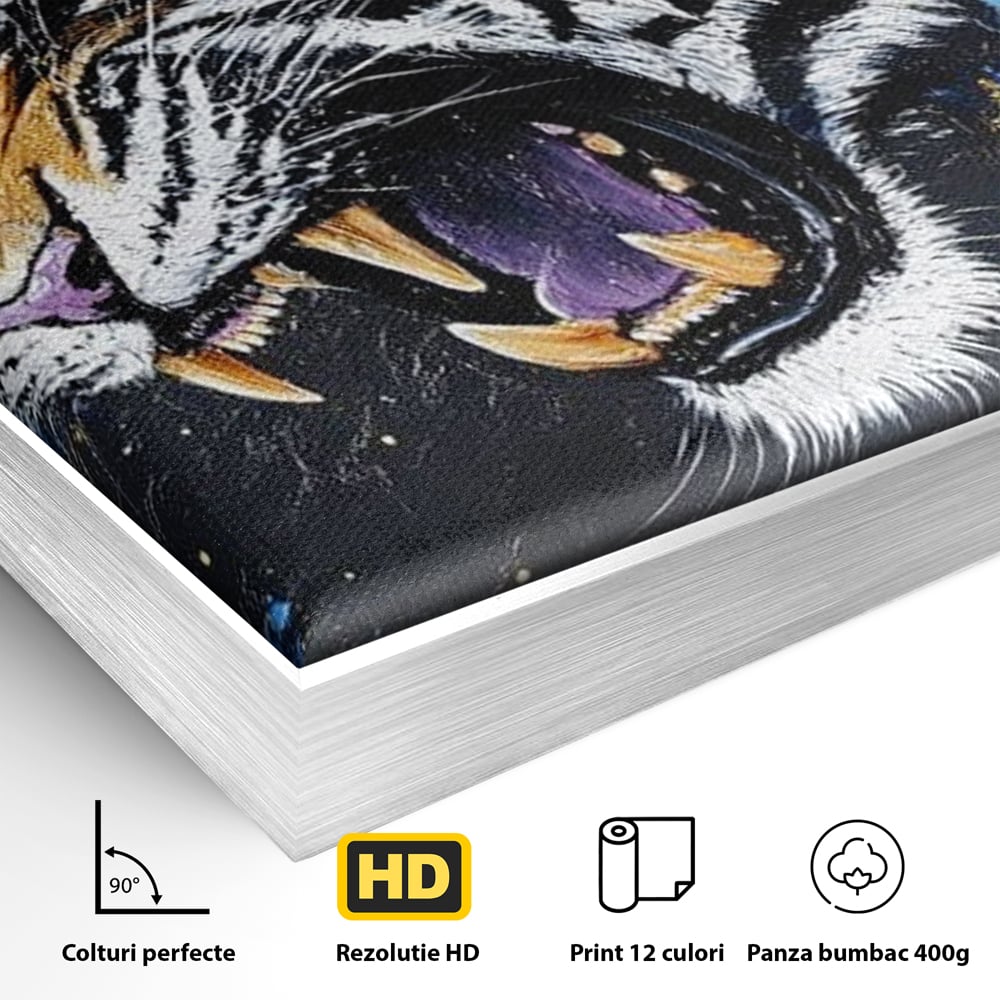 Tablou Canvas cu Tigru Care Racneste si Flori, Negru si Albastru Electric, M1450