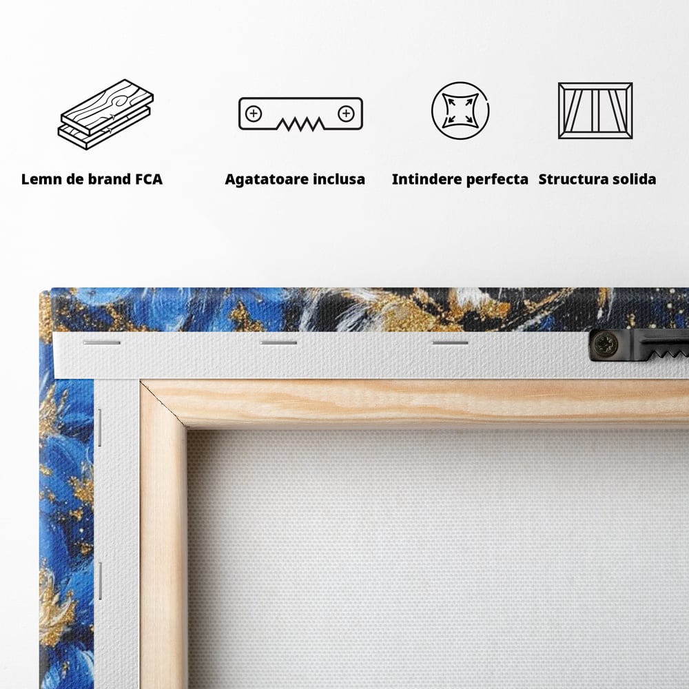 Tablou Canvas cu Tigru Care Racneste si Flori, Negru si Albastru Electric, M1450