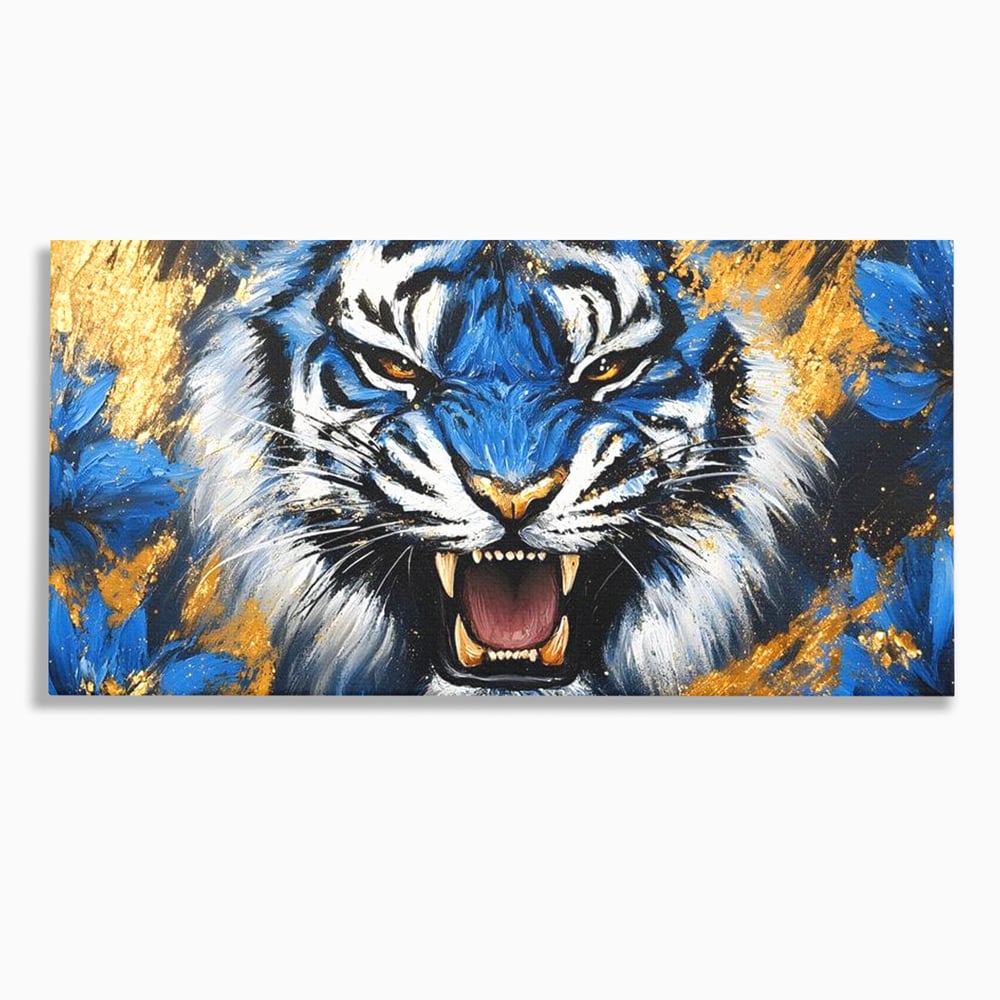 Tablou canvas cu tablou canvas cu tigru albastru si flori, fara rama, pe sasiu de lemn