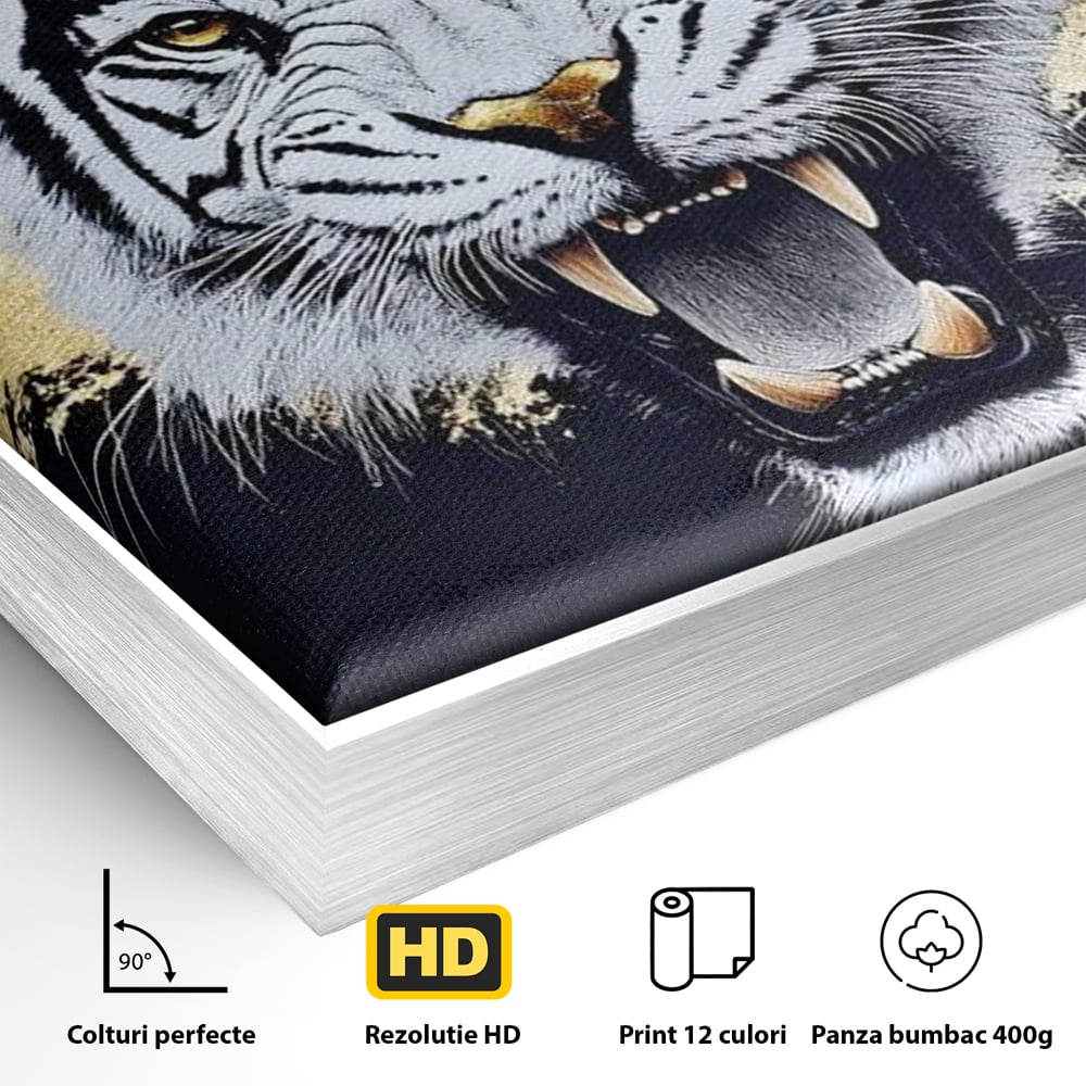 Detaliu al suprafetei: tablou canvas cu tigru alb, in rama de aluminiu argintiu