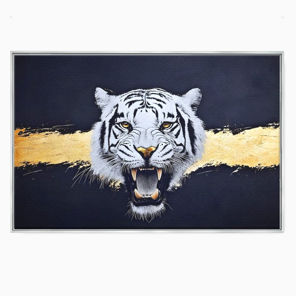 Tablou canvas cu tablou canvas cu tigru alb, in rama de aluminiu argintiu