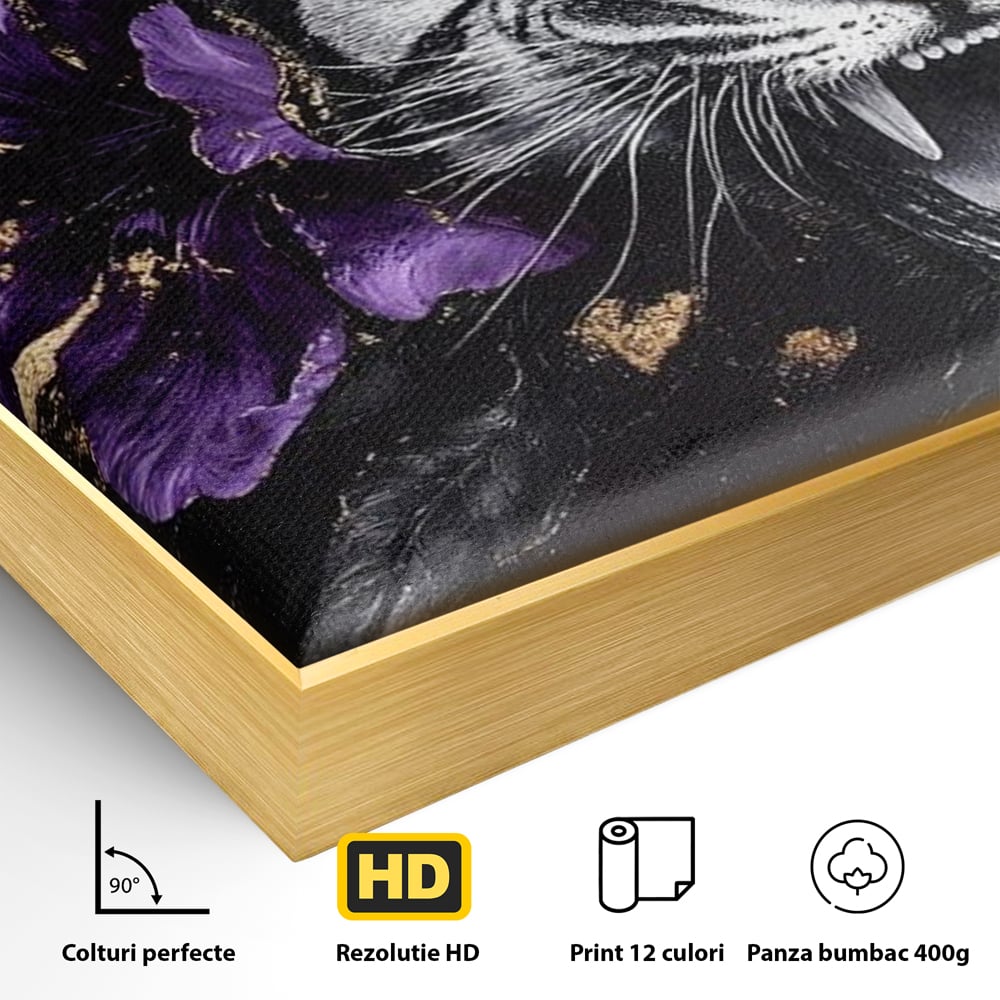 Detaliu al suprafetei: tablou canvas cu tigru si iris violet, in rama de aluminiu auriu