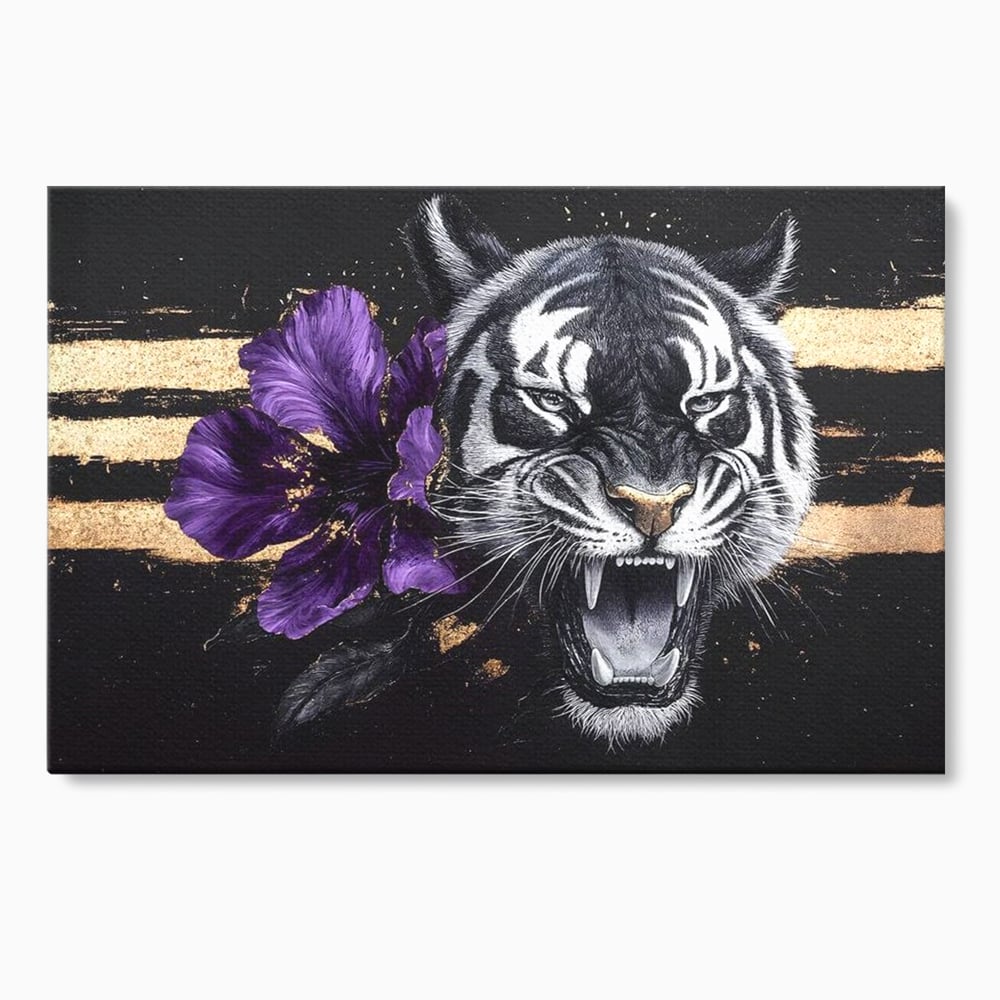Tablou canvas cu tablou canvas cu tigru si iris violet, fara rama, pe sasiu de lemn