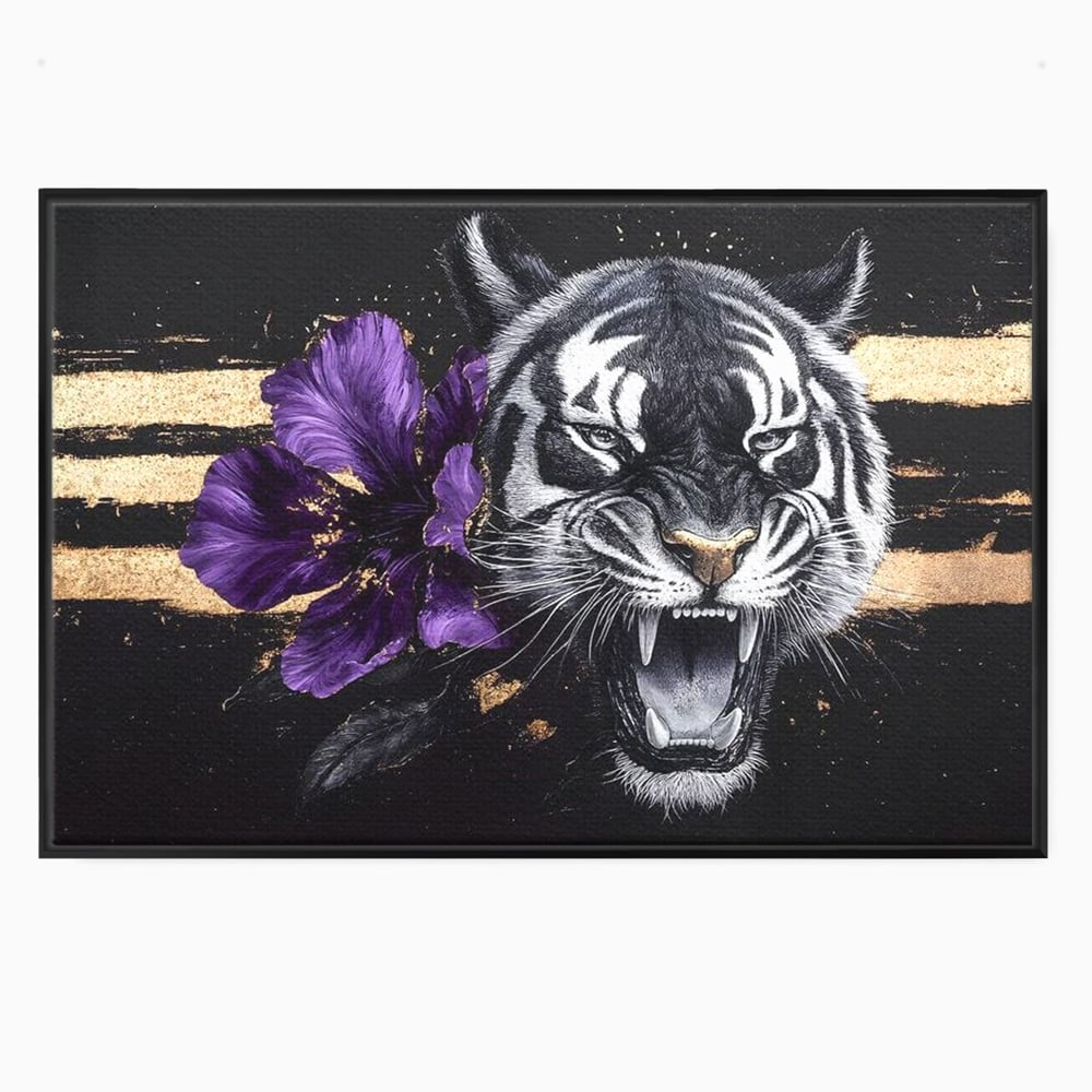 Tablou canvas cu tablou canvas cu tigru si iris violet, in rama de aluminiu negru