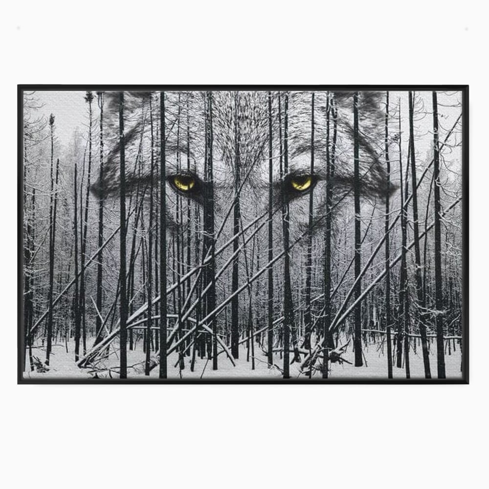 Tablou canvas cu tablou canvas cu ochi de lup si padure iarna, in rama de aluminiu negru