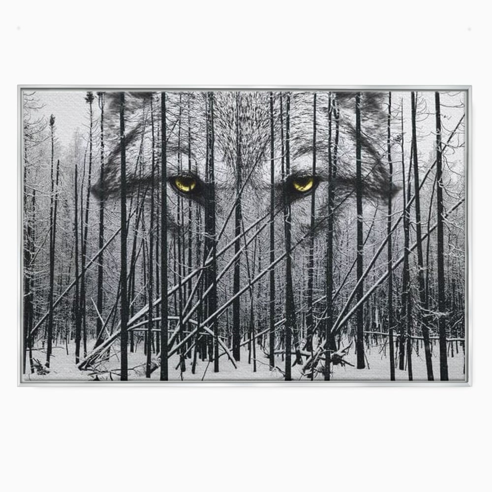 Tablou canvas cu tablou canvas cu ochi de lup si padure iarna, in rama de aluminiu argintiu