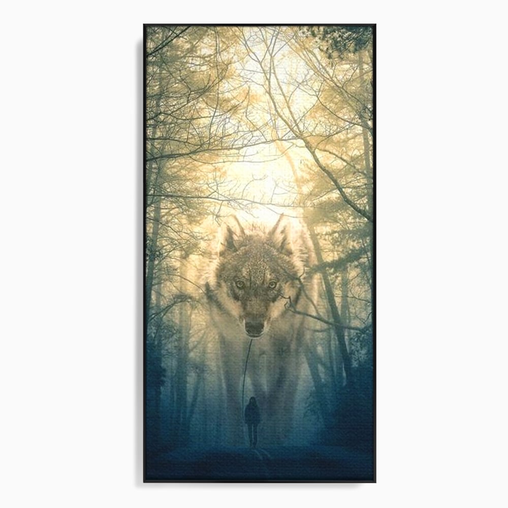 Tablou canvas cu ilustratie digitala cu un lup gigant si o silueta umana, in rama de aluminiu negru