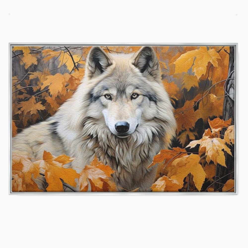 Tablou canvas cu tablou canvas cu lup in toamna, in rama de aluminiu argintiu