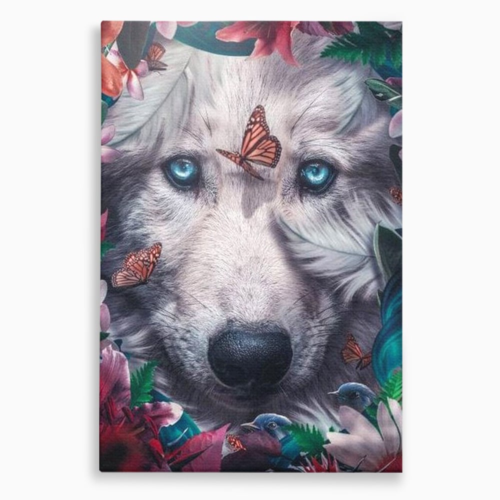 Tablou canvas cu tablou canvas cu lup alb si fluturi, fara rama, pe sasiu de lemn