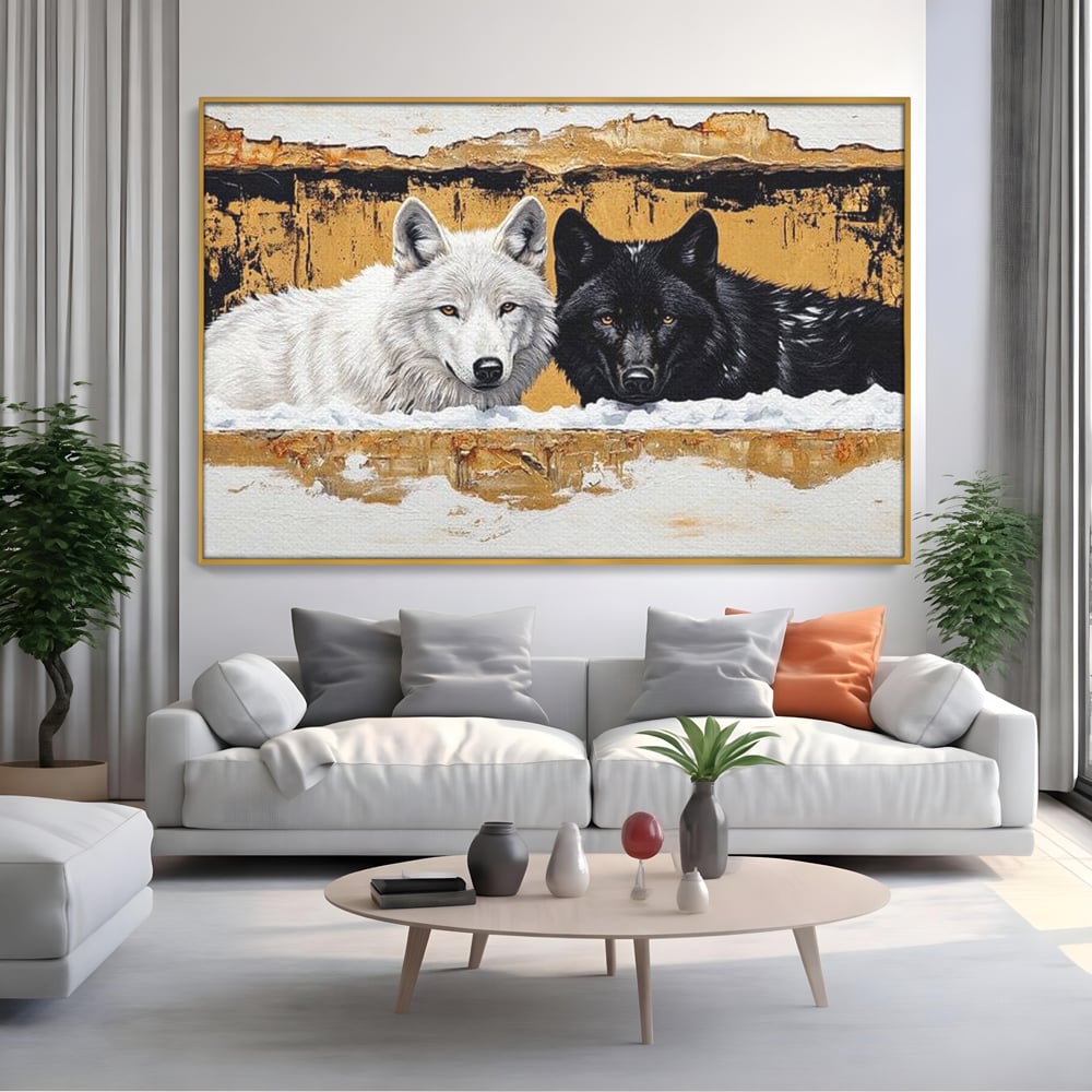 Tablou canvas cu pictura cu doi lupi in zapada, in rama de aluminiu auriu, pe perete intr-un living