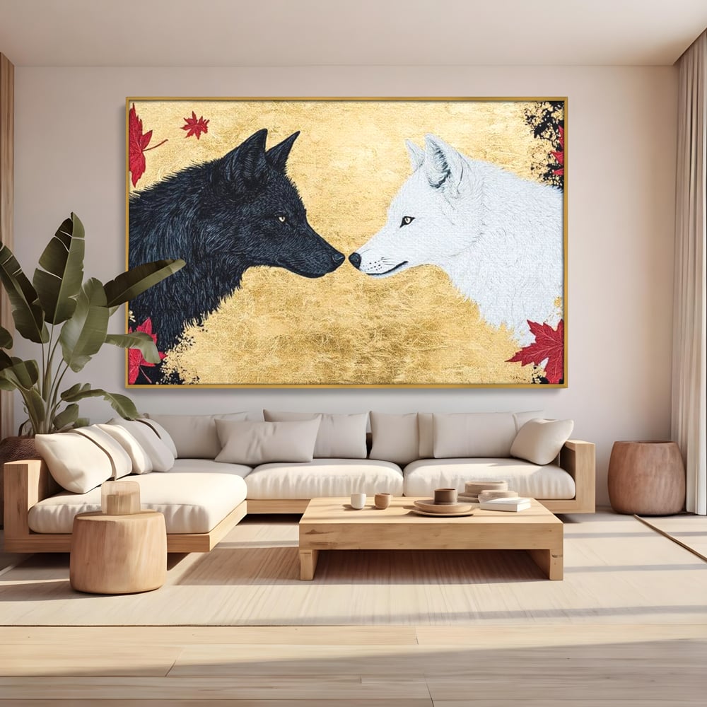Tablou canvas cu tablou canvas cu doi lupi si frunze de artar, in rama de aluminiu auriu, pe perete intr-un living