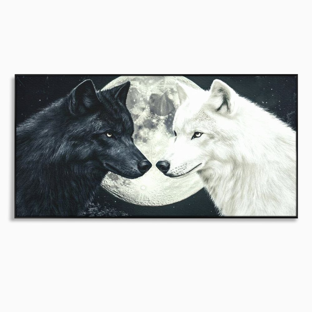 Tablou canvas cu tablou canvas cu doi lupi si luna plina, in rama de aluminiu negru