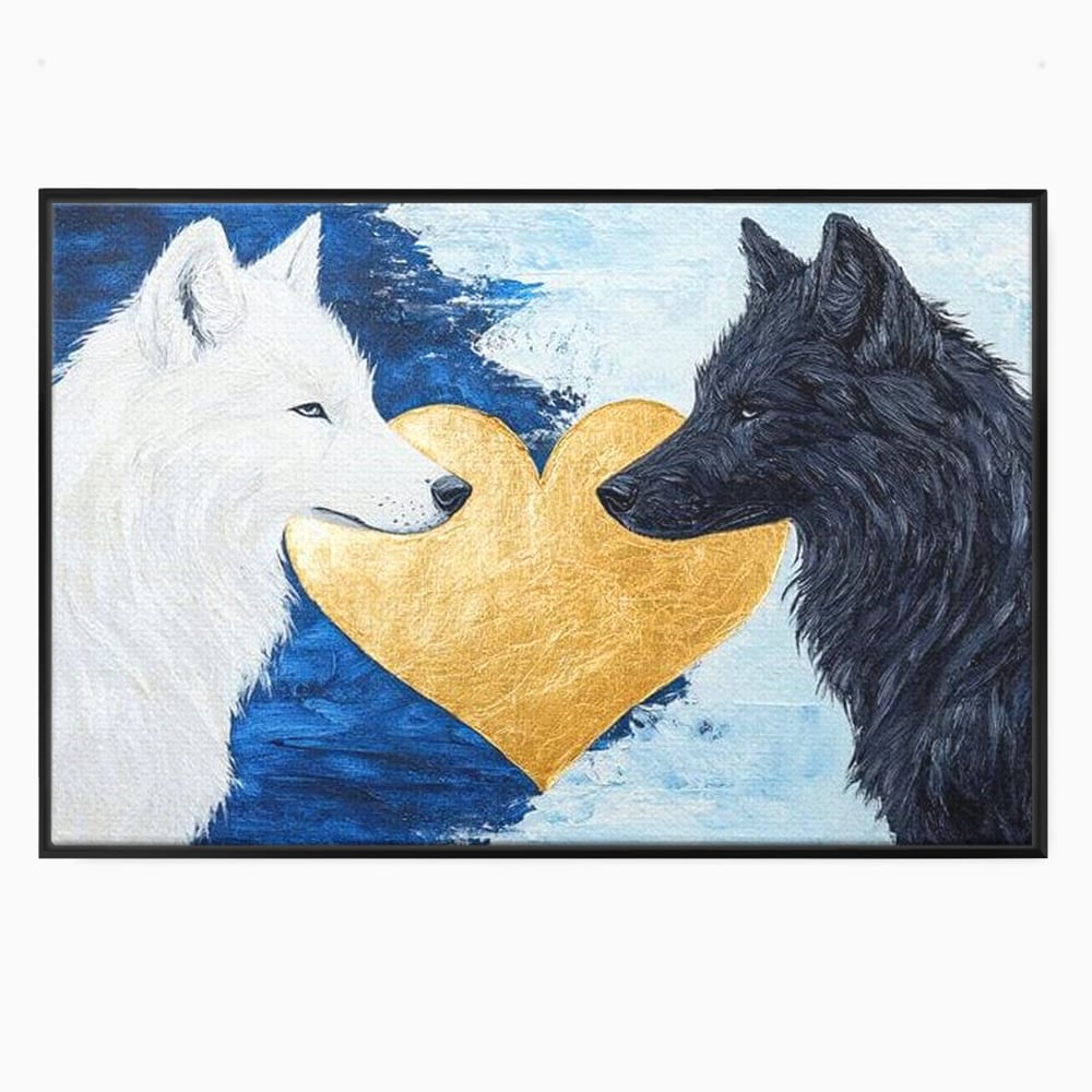 Tablou canvas cu tablou canvas cu doi lupi si inima aurie, in rama de aluminiu negru