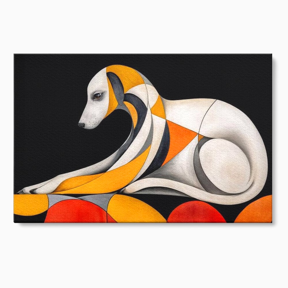 Tablou canvas cu tablou canvas cu caine stilizat in forme geometrice, fara rama, pe sasiu de lemn