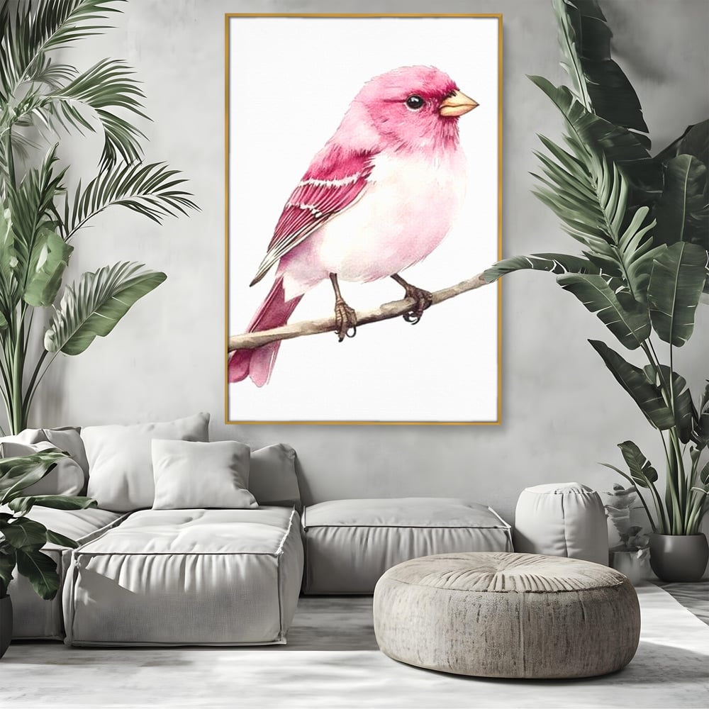 Tablou canvas cu tablou canvas cu pasare roz pe creanga, in rama de aluminiu auriu, pe perete intr-un living