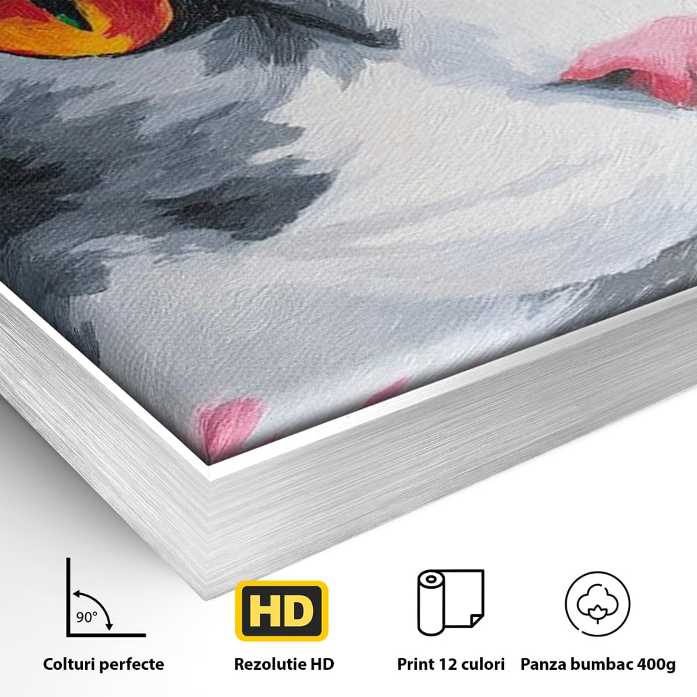 Detaliu al suprafetei: tablou canvas cu portret de pisica, in rama de aluminiu argintiu