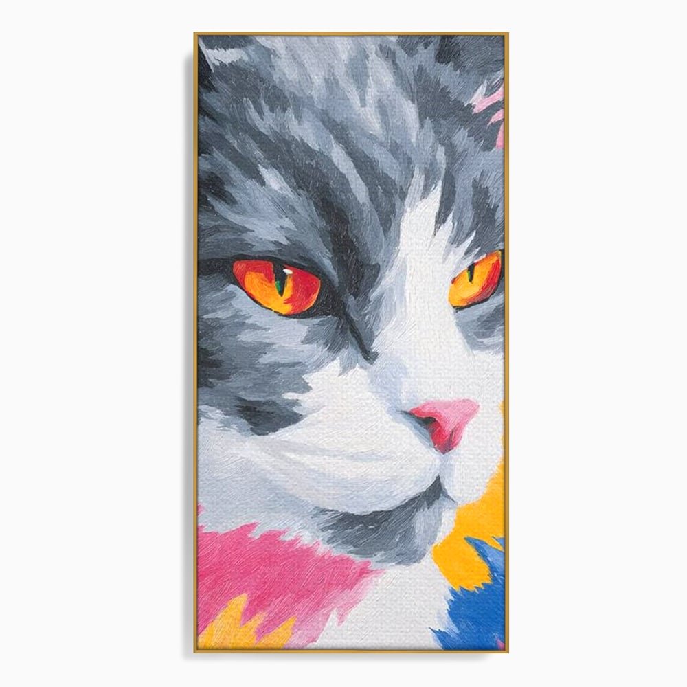Tablou canvas cu tablou canvas cu portret de pisica, in rama de aluminiu auriu