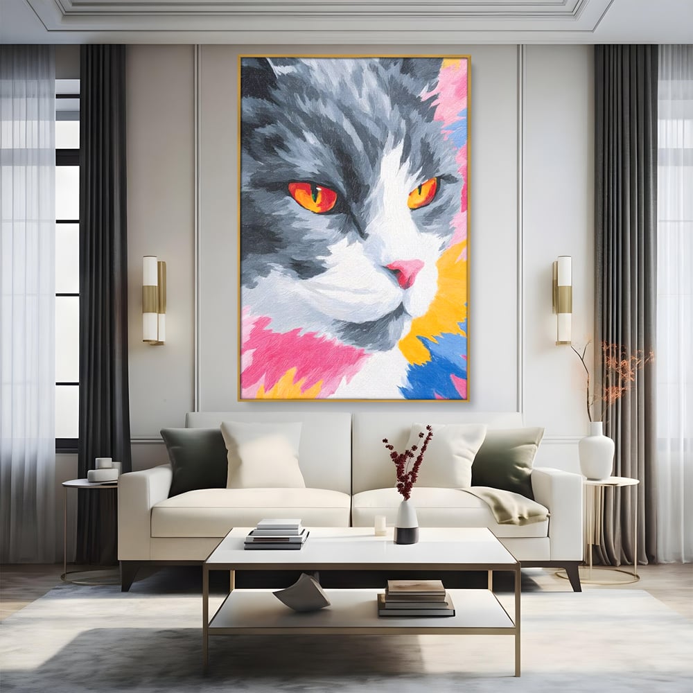 Tablou canvas cu tablou canvas cu portret de pisica, in rama de aluminiu auriu, pe perete intr-un living