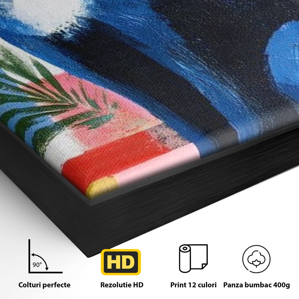 Detaliu al suprafetei: tablou canvas cu pisica albastra stilizata, in rama de aluminiu negru