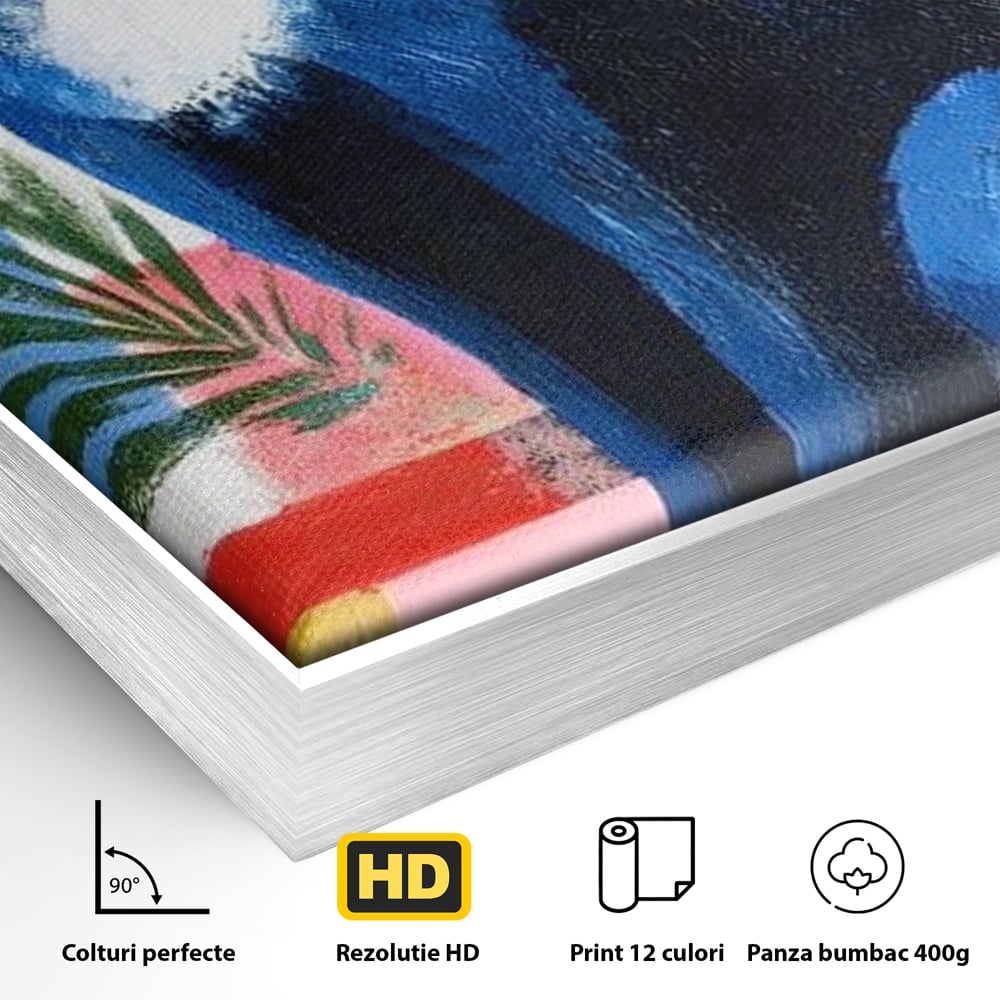 Detaliu al suprafetei: tablou canvas cu pisica albastra stilizata, in rama de aluminiu argintiu