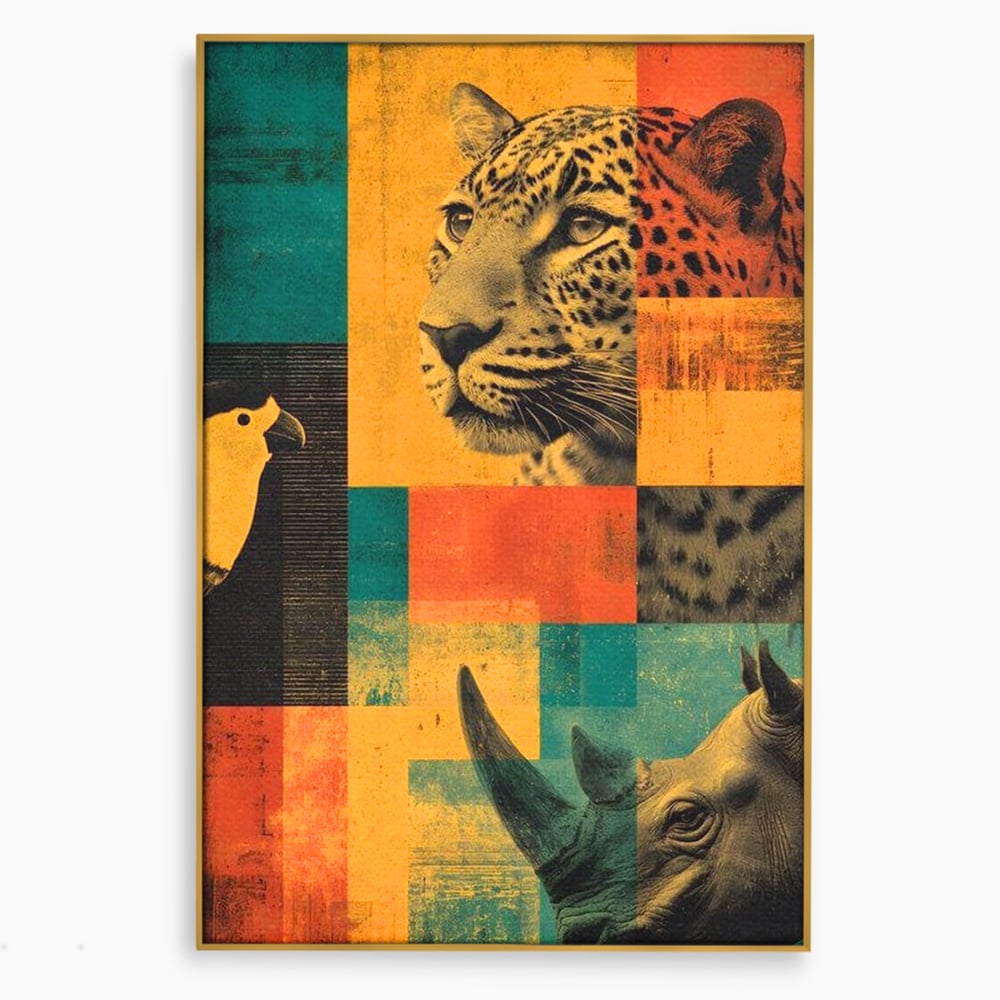 Tablou canvas cu tablou vertical cu leopard si rinocer, in rama de aluminiu auriu