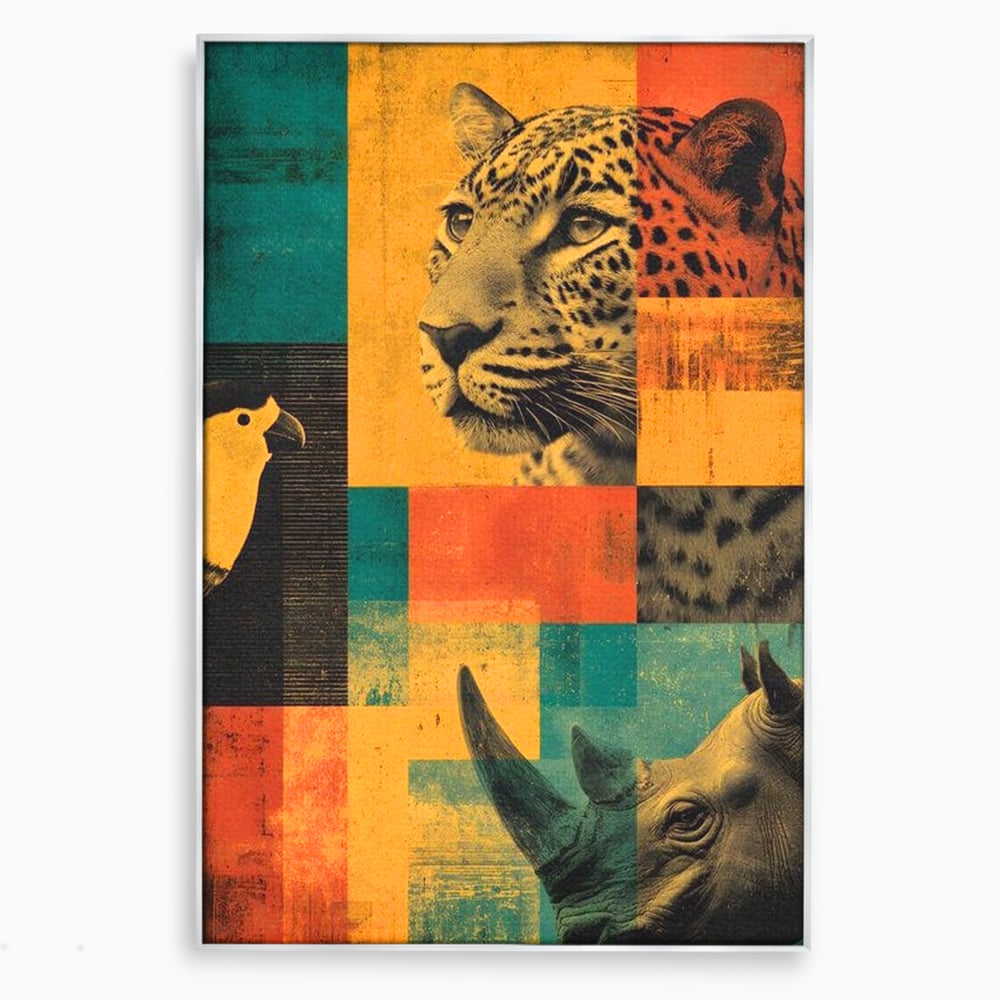 Tablou canvas cu tablou vertical cu leopard si rinocer, in rama de aluminiu argintiu