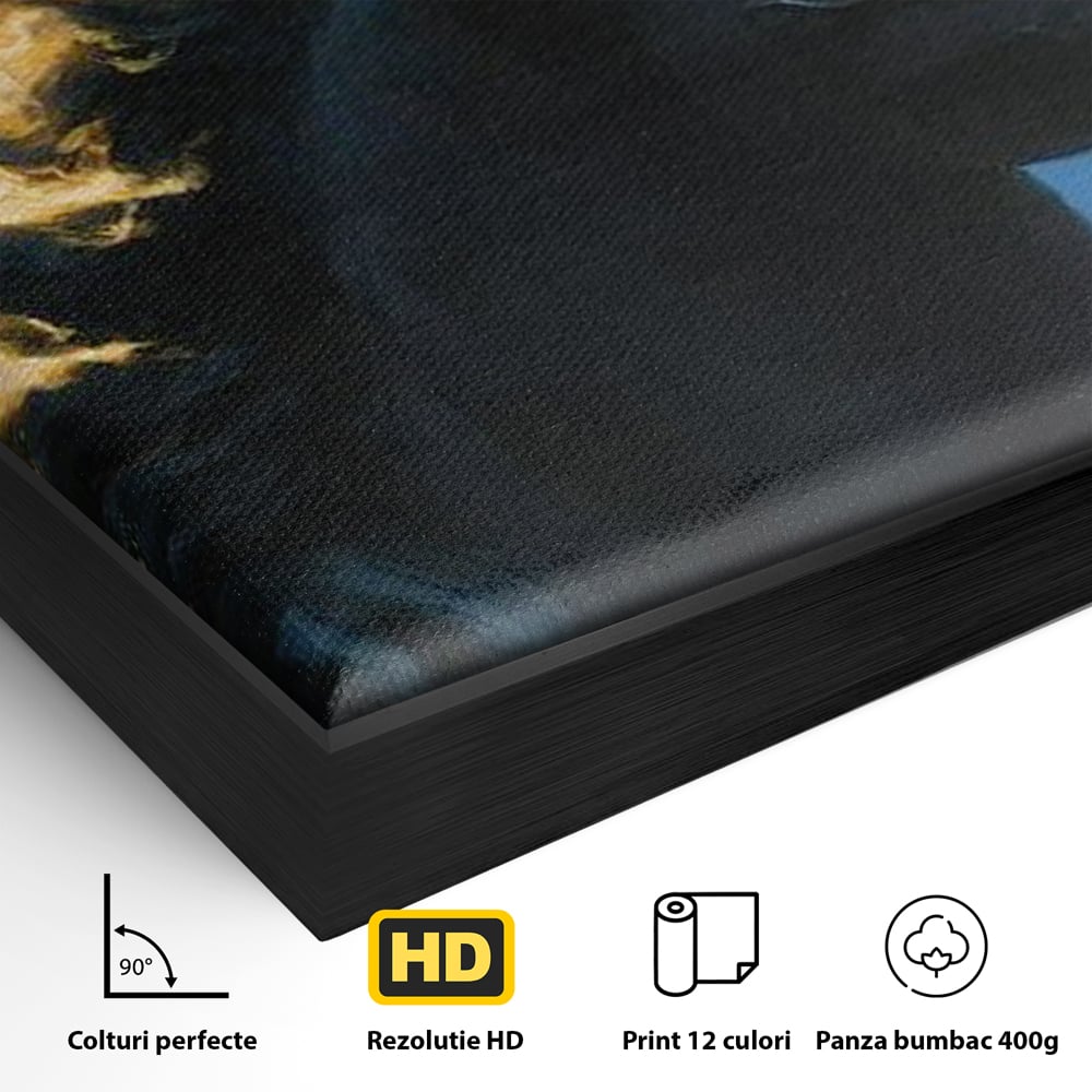 Detaliu al suprafetei: tablou canvas cu armasar in flacari, in rama de aluminiu negru