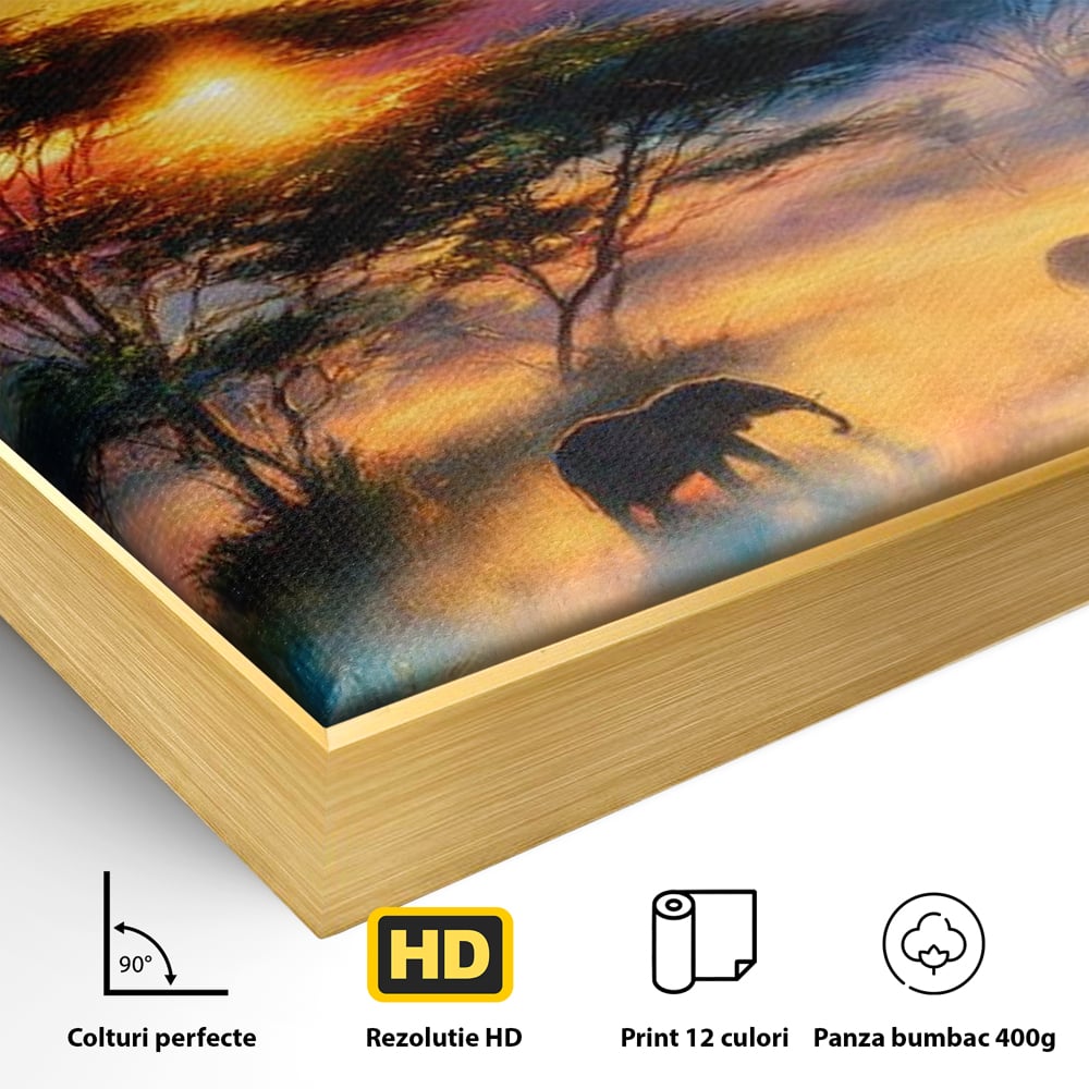 Detaliu al suprafetei: tablou canvas cu elefanti la apus, in rama de aluminiu auriu