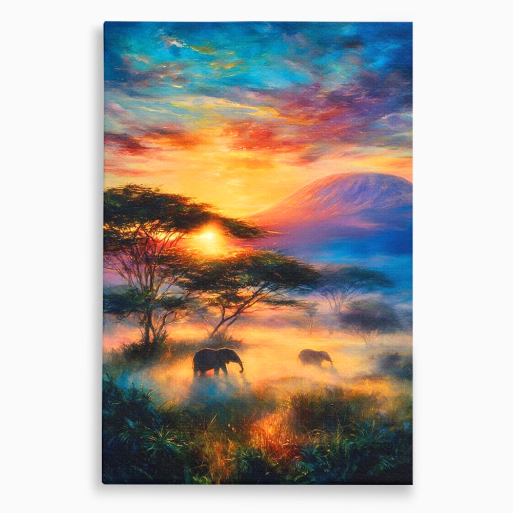 Tablou canvas cu tablou canvas cu elefanti la apus, fara rama, pe sasiu de lemn