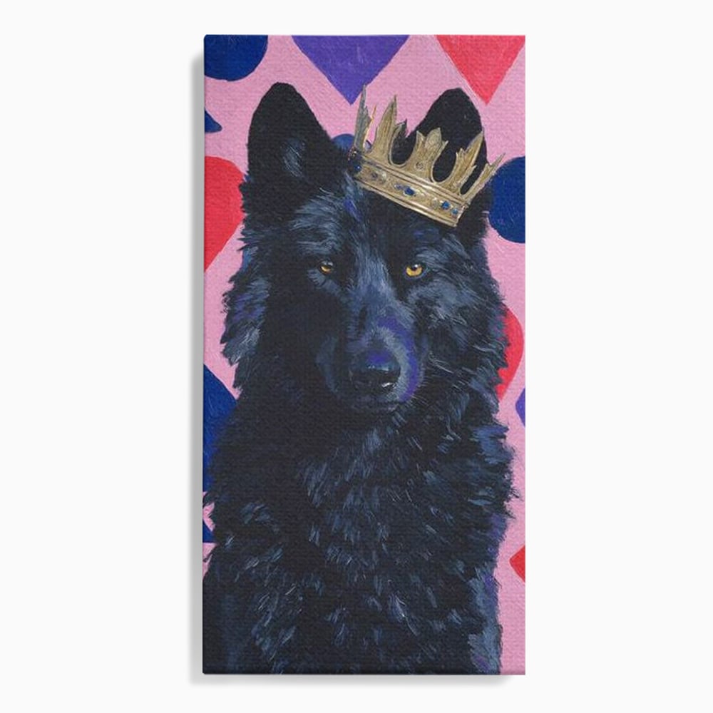 Tablou canvas cu tablou canvas cu lup negru purtand coroana aurie, fara rama, pe sasiu de lemn