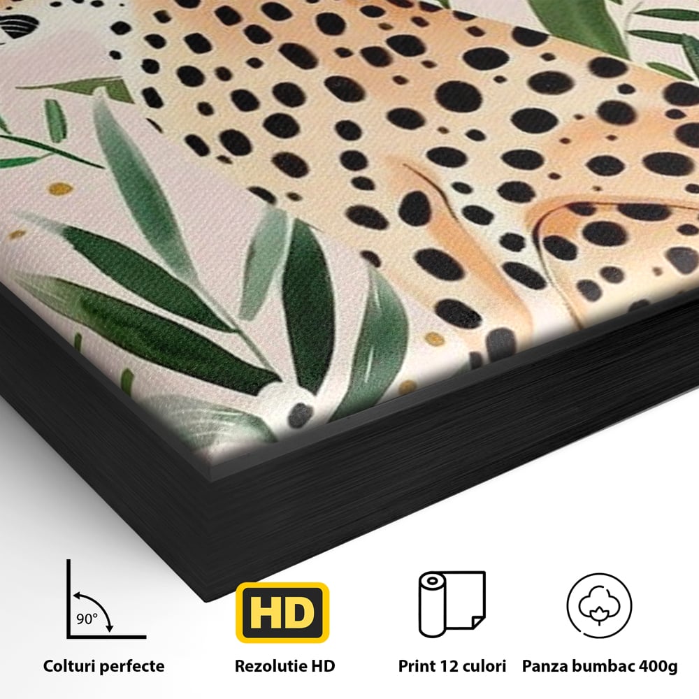 Detaliu al suprafetei: tablou canvas cu leopard si frunze tropicale, in rama de aluminiu negru