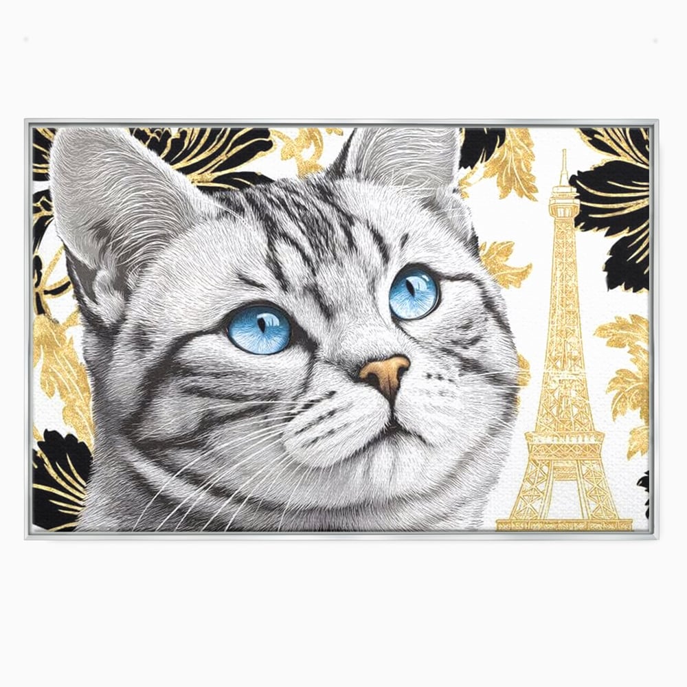 Tablou canvas cu tablou canvas cu pisica si turnul eiffel, in rama de aluminiu argintiu