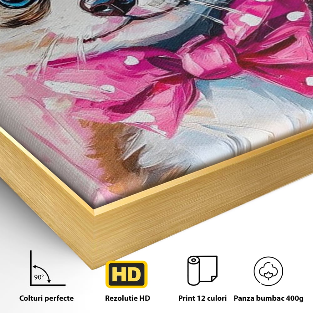 Detaliu al suprafetei: tablou canvas cu catelus cowboy, in rama de aluminiu auriu