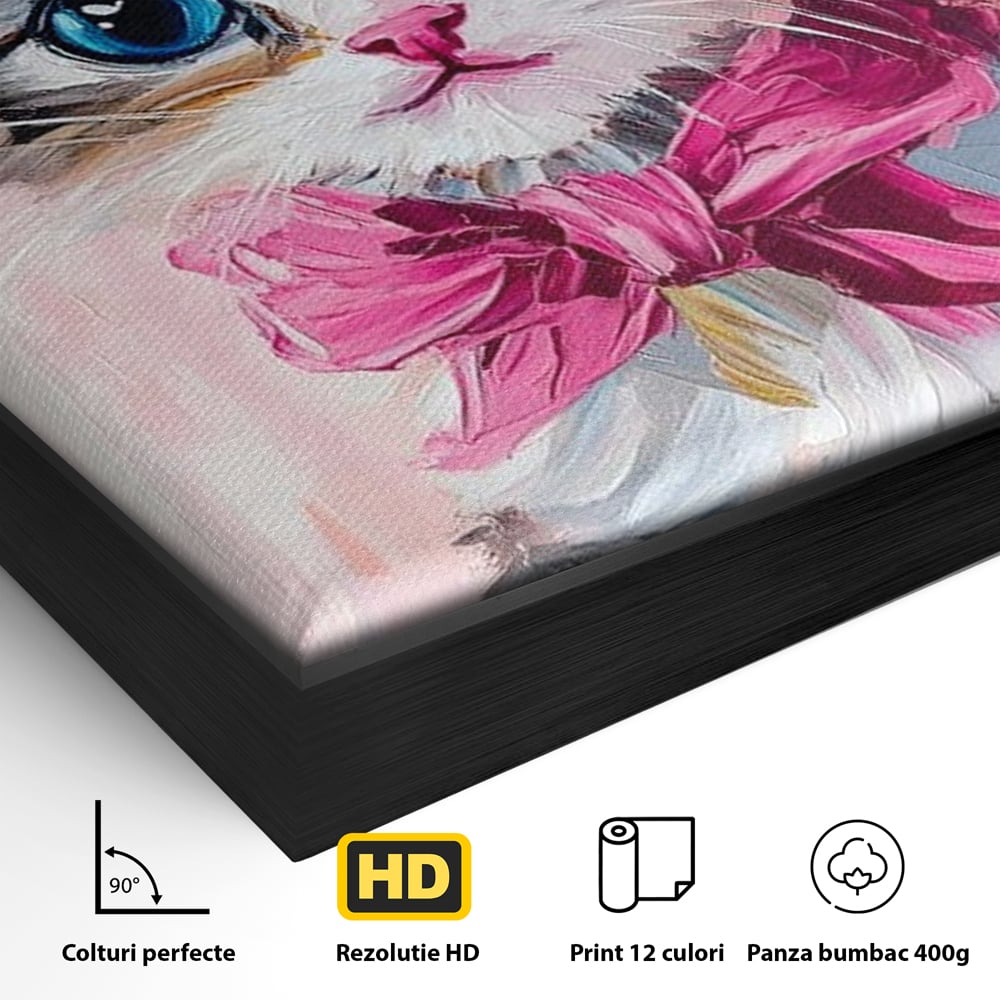Detaliu al suprafetei: tablou canvas cu pisicuta cowboy, in rama de aluminiu negru