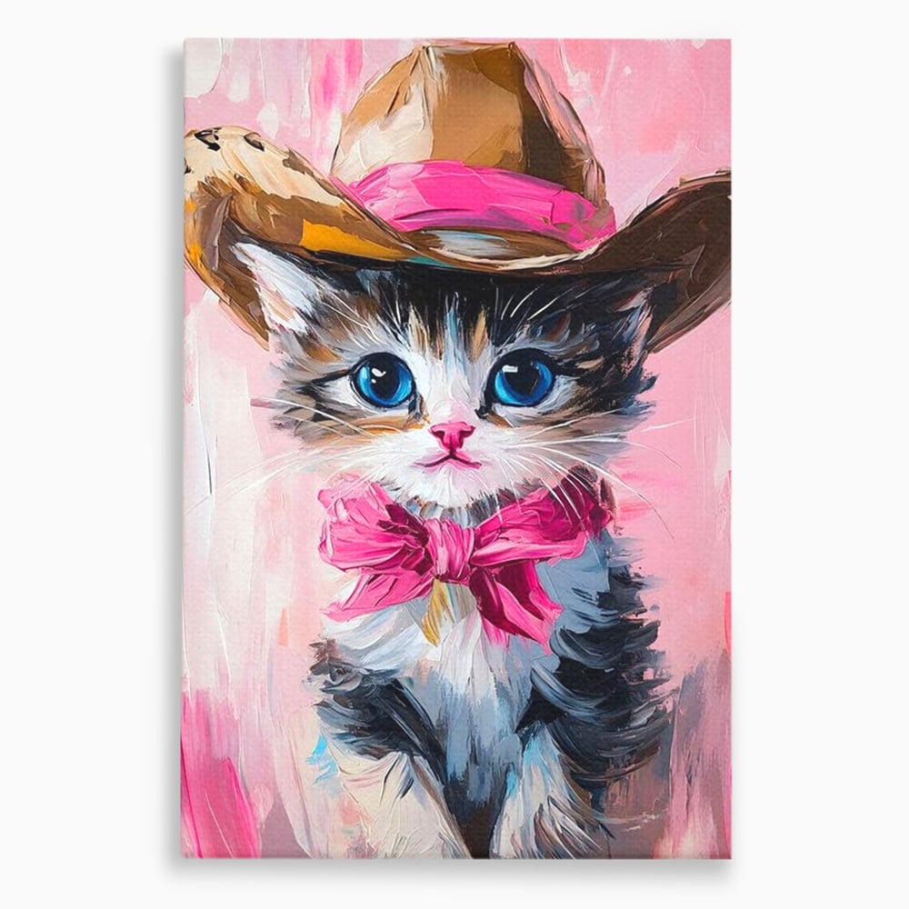 Tablou canvas cu tablou canvas cu pisicuta cowboy, fara rama, pe sasiu de lemn
