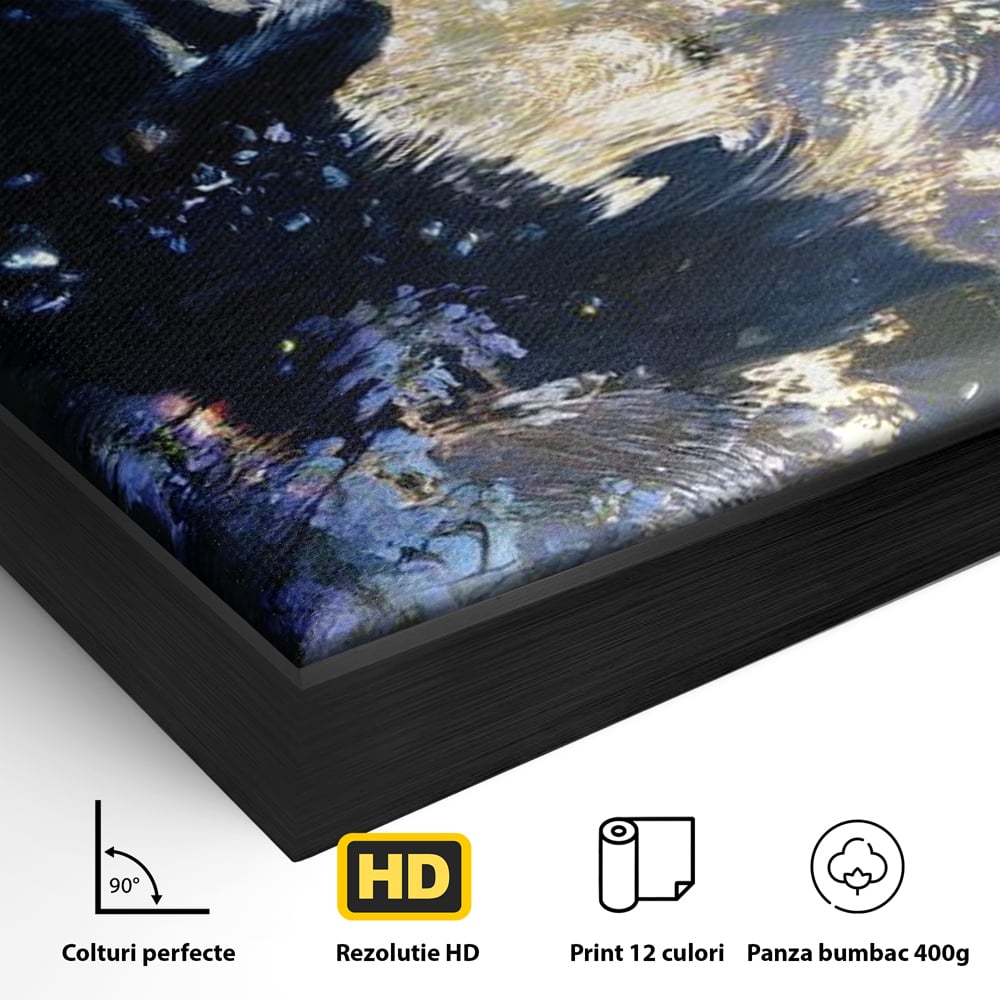 Detaliu al suprafetei: tablou canvas cu pisica neagra pe malul apei, in rama de aluminiu negru