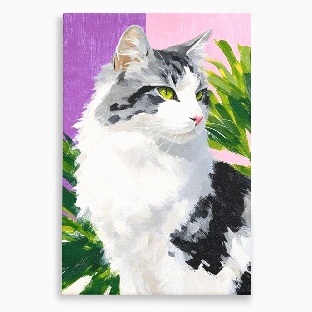 Tablou canvas cu pictura cu portret de pisica, fara rama, pe sasiu de lemn