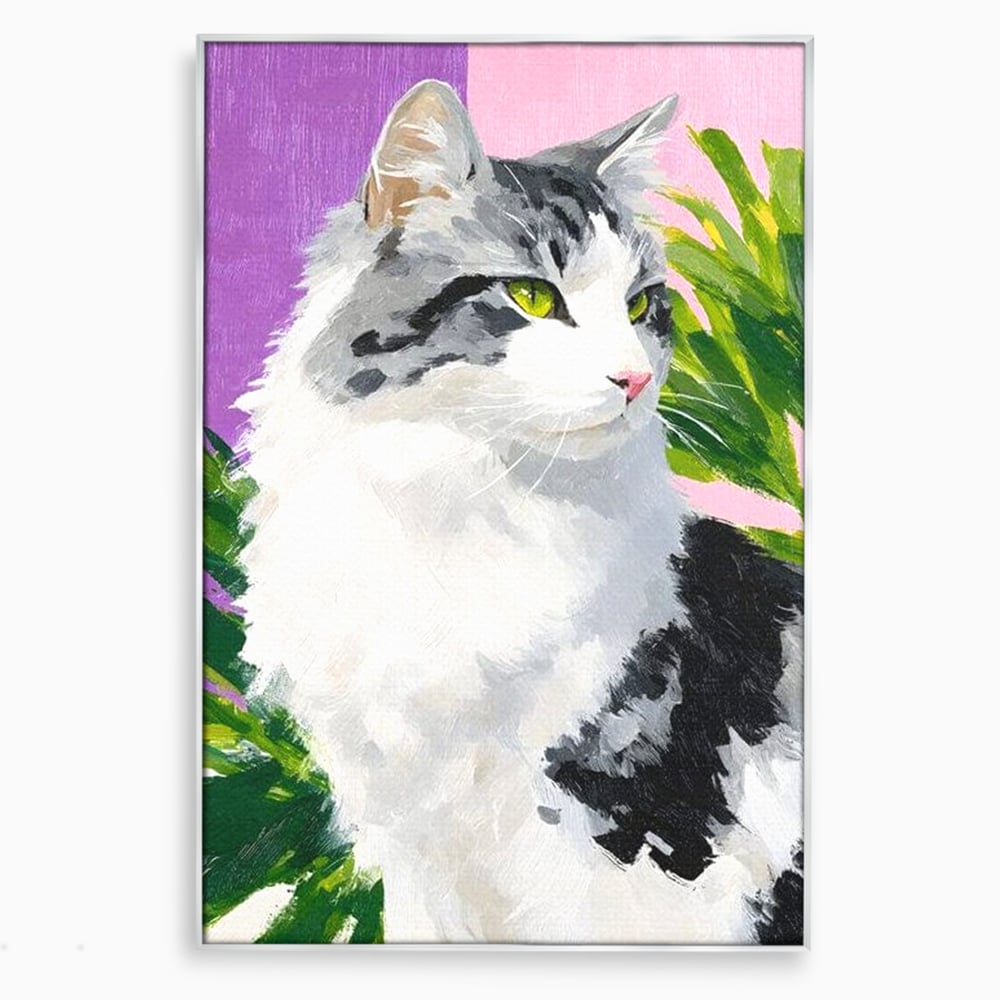 Tablou canvas cu pictura cu portret de pisica, in rama de aluminiu argintiu