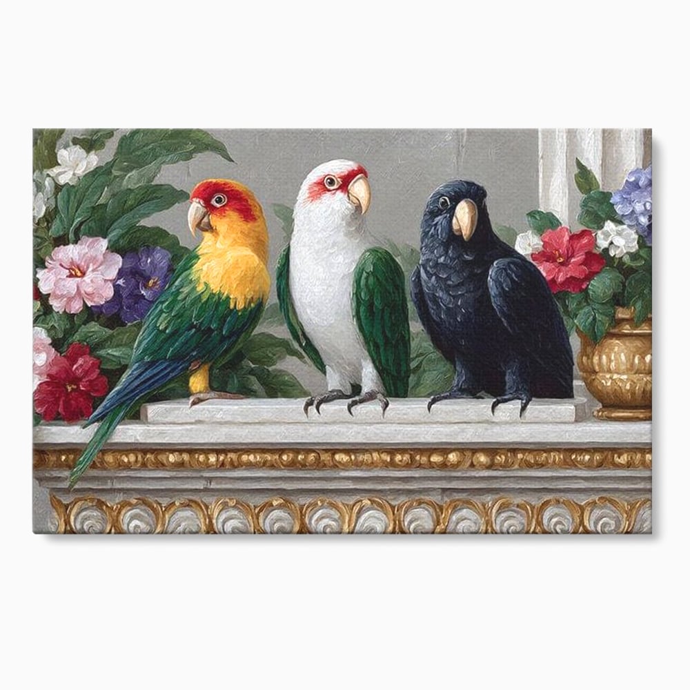 Tablou canvas cu tablou canvas cu trei papagali pe soclu, fara rama, pe sasiu de lemn