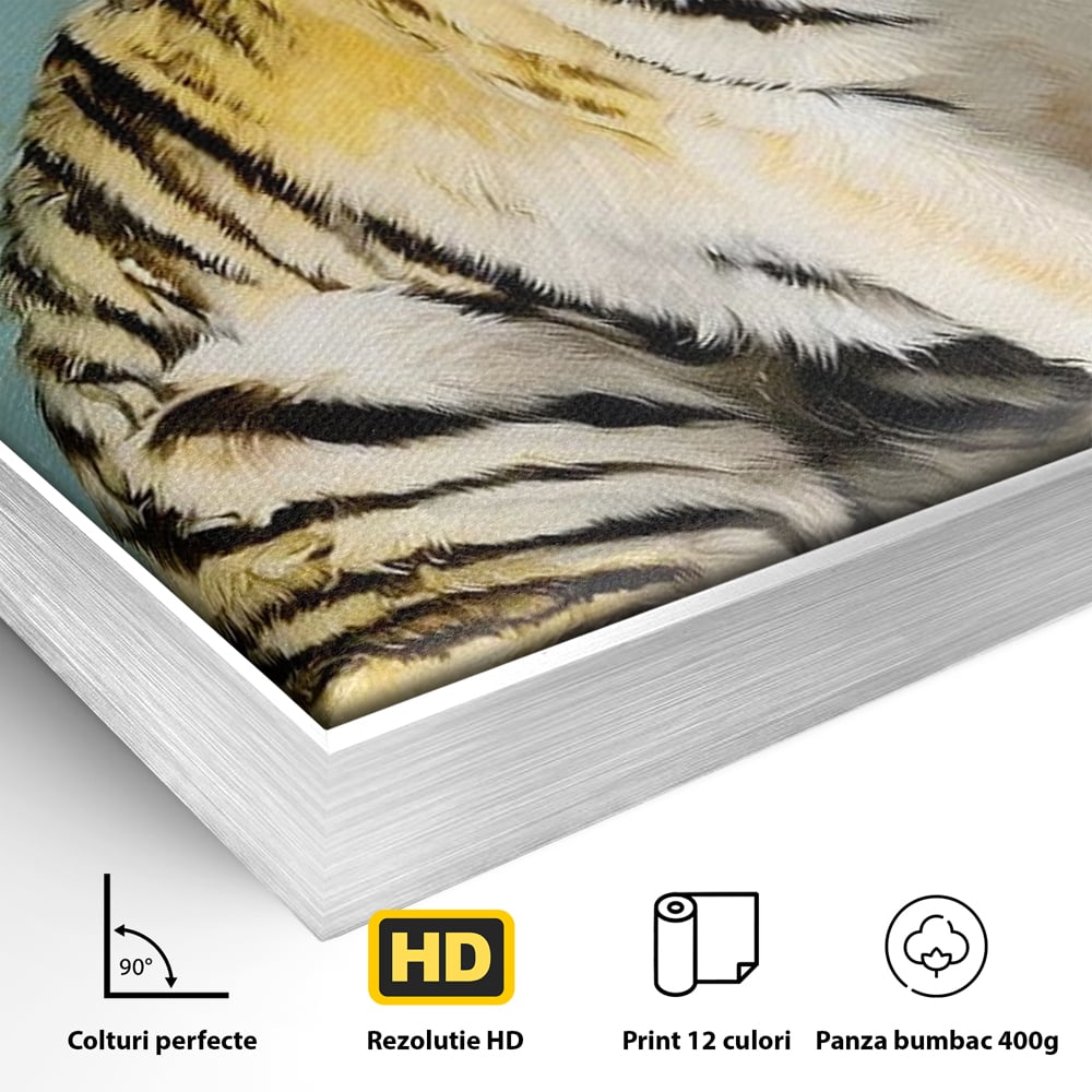 Detaliu al suprafetei: tablou canvas cu tigru alb, in rama de aluminiu argintiu