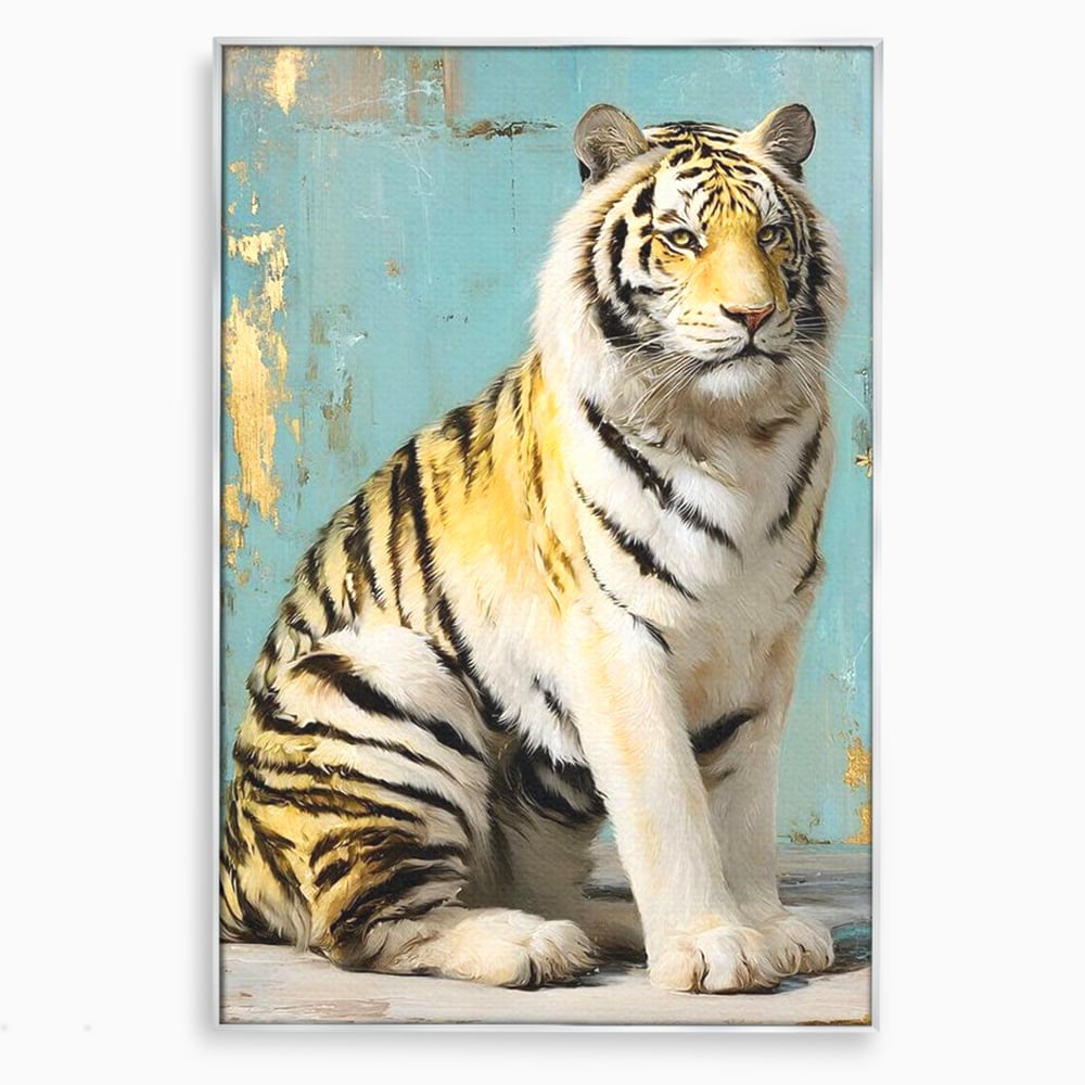 Tablou canvas cu tablou canvas cu tigru alb, in rama de aluminiu argintiu