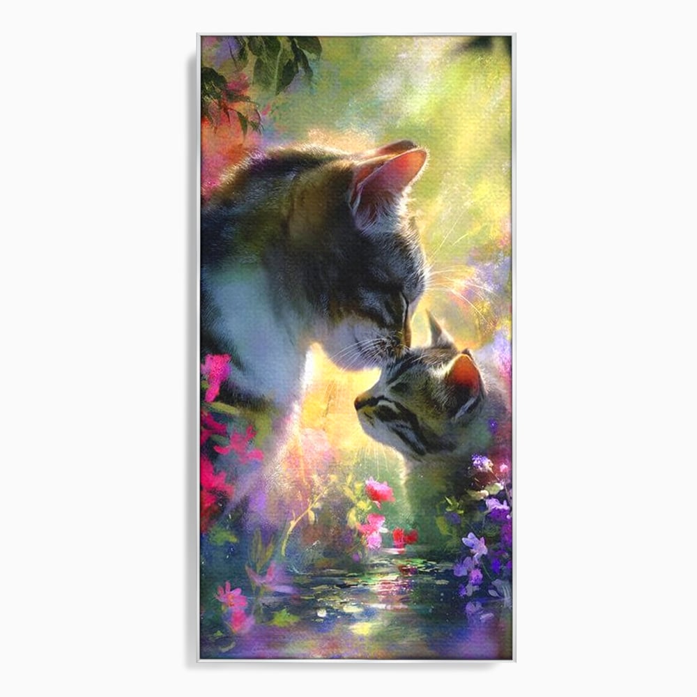 Tablou canvas cu tablou canvas cu pisici mangaite in gradina, in rama de aluminiu argintiu