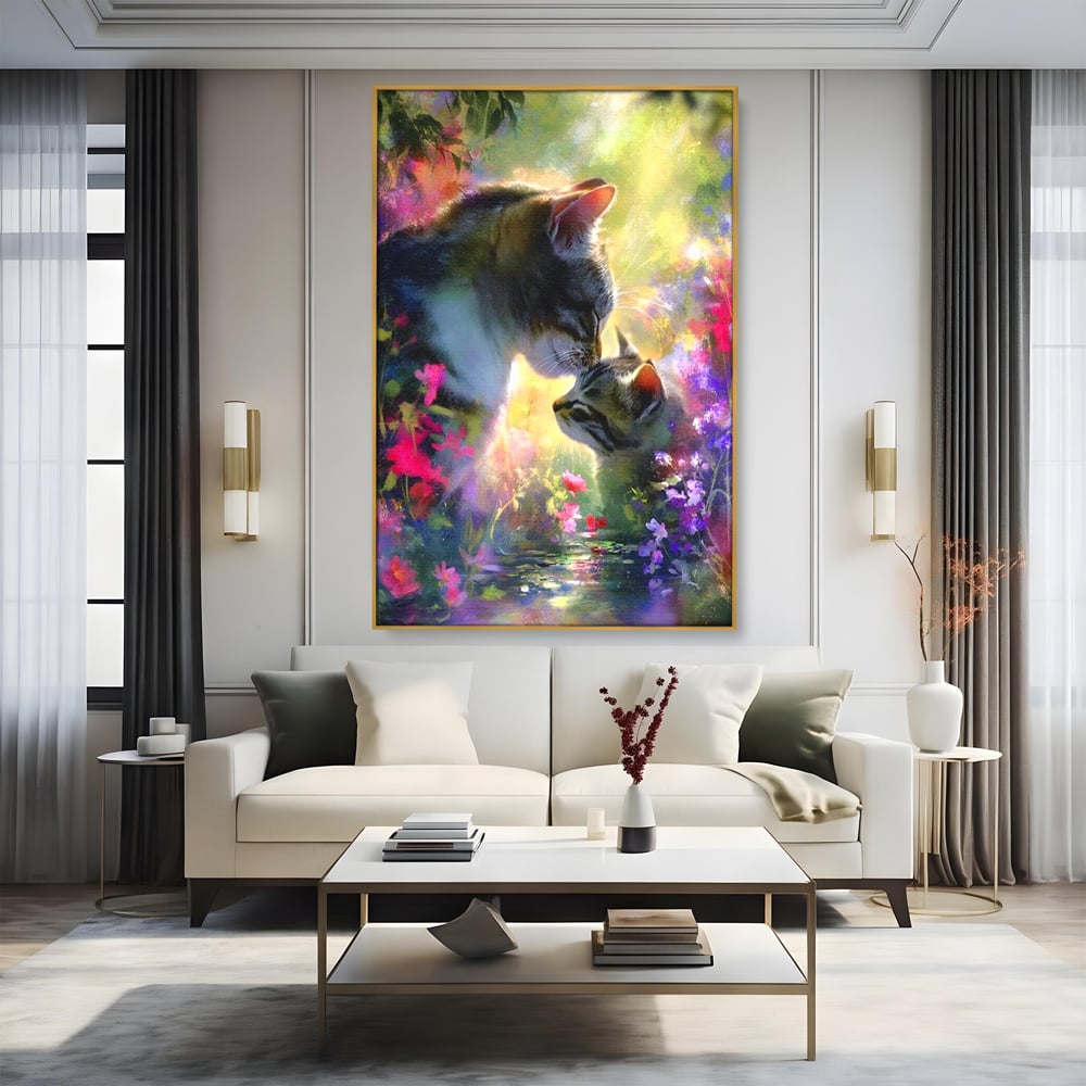 Tablou canvas cu tablou canvas cu pisici mangaite in gradina, in rama de aluminiu auriu, pe perete intr-un living